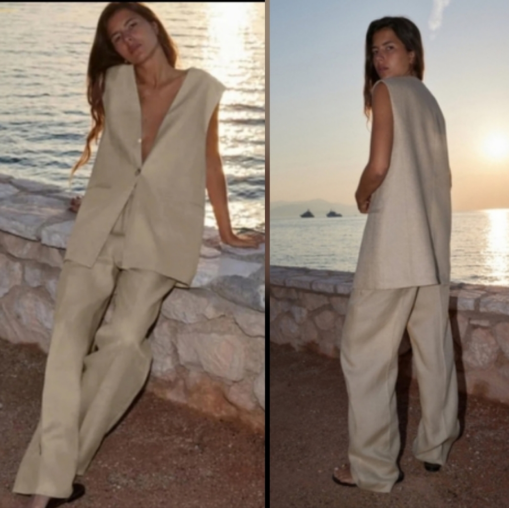 Zara 100% LINEN VEST LONG Beige Size S New - Picture 2 of 11